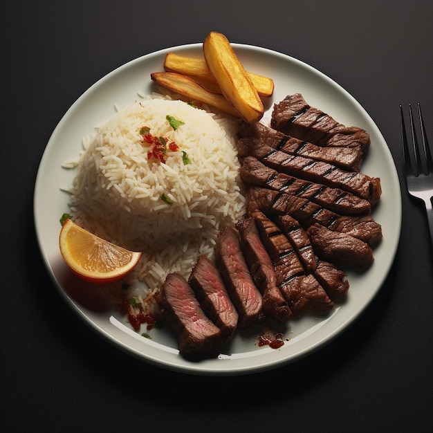 ein Teller mit Essen mit Reis, Fleisch und Gemüse darauf.