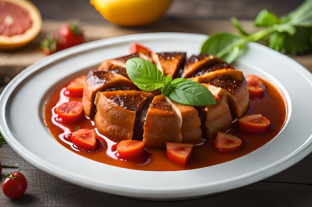 Ein Teller mit Essen mit roter Soße und Erdbeeren als Beilage