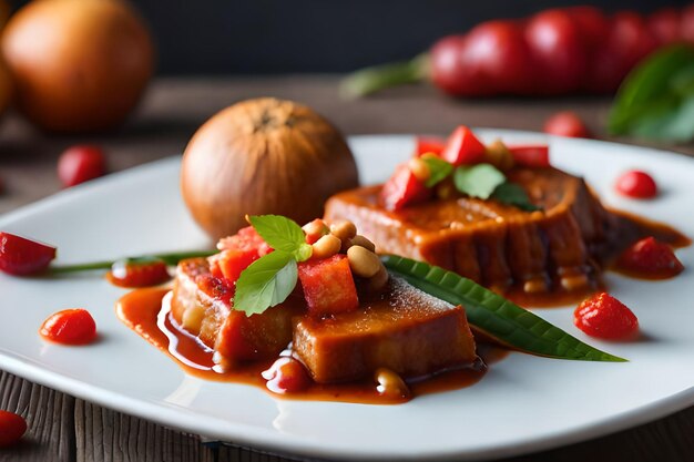 Ein Teller mit Essen mit roter Soße und grünen Bohnen darauf.