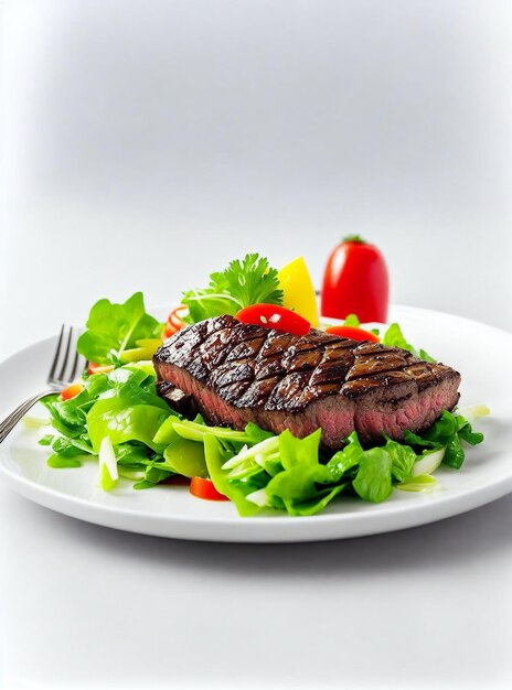 Ein Teller mit Essen mit Steak und Salat darauf