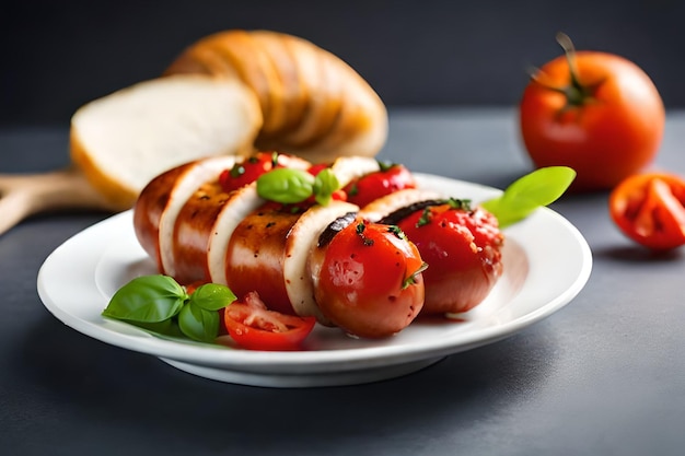 Ein Teller mit Essen mit Tomaten und Basilikum darauf