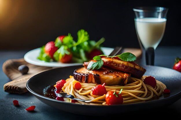 ein Teller mit Essen und ein Glas Milch.