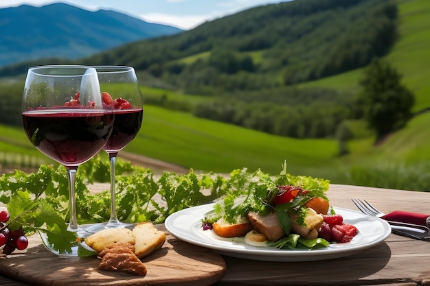 Ein Teller mit Essen und ein Glas Wein auf einem Tisch