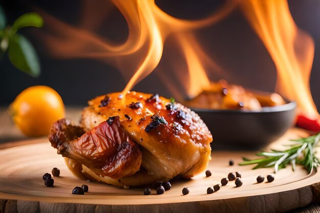 ein Teller mit Essen und eine Pfanne mit Essen auf dem Tisch mit einem Feuer dahinter