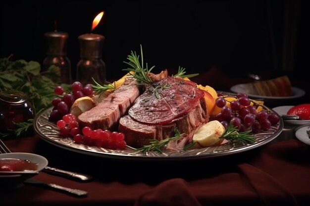 Foto ein teller mit essen und einem schön angeordneten fleischstück