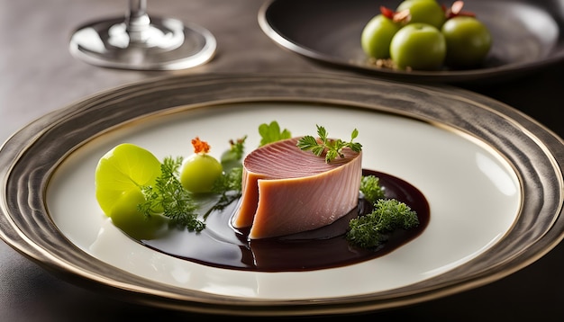 ein Teller mit Essen und einem Stück Fleisch darauf