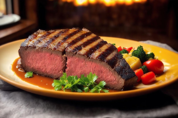 Ein Teller mit Essen und einem Stück Steak darauf