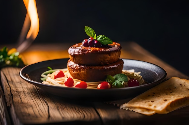 Ein Teller mit Essen und einer Kerze dahinter