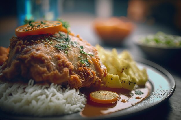 Ein Teller mit Essen und einer Soße darauf und eine Schüssel Reis.