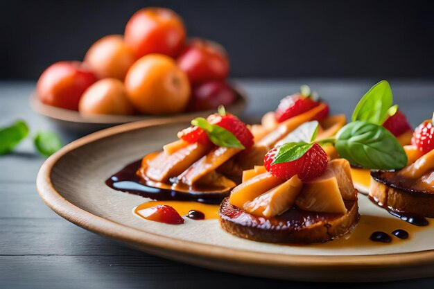 ein Teller mit Essen und Obst darauf