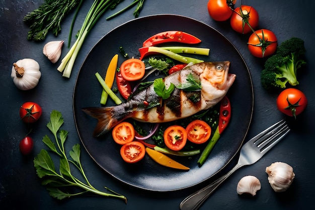 Ein Teller mit Fisch, Gemüse und Gemüse mit einem Messer.