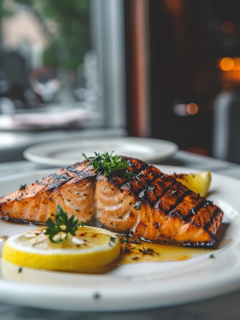 ein Teller mit Fisch und Zitronenscheiben