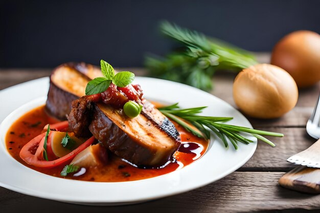 Ein Teller mit Fleisch und Gemüse darauf