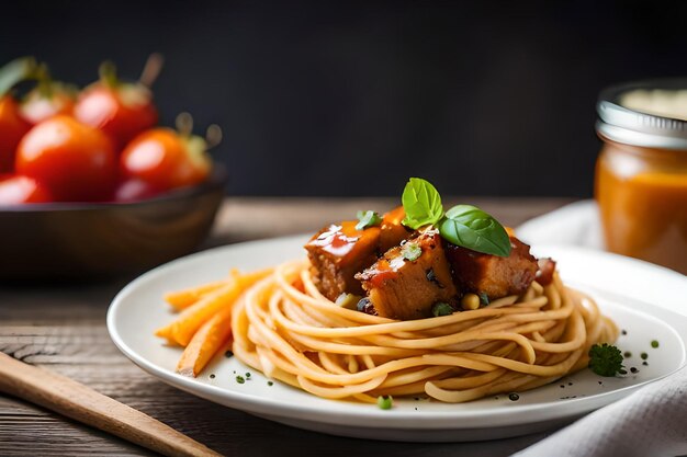 Ein Teller mit Fleisch und Gemüse darauf