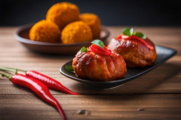 Ein Teller mit frittiertem Essen und roten Chilischoten als Beilage