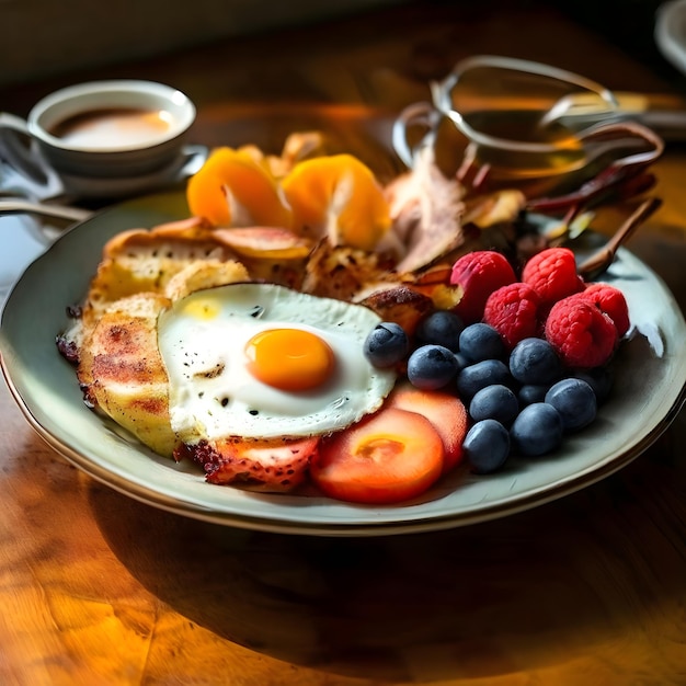 ein Teller mit Frühstück mit einer Tasse Kaffee und einem Teller mit Essen darauf