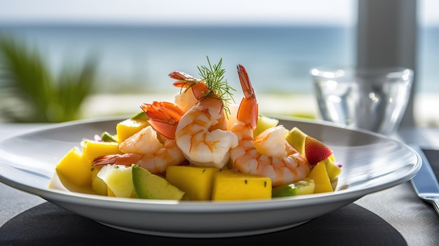 Ein Teller mit Garnelen und Avocado-Salat