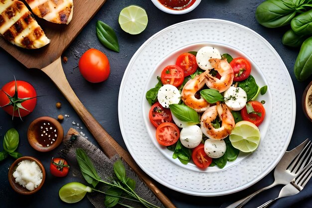 Ein Teller mit Garnelen und Tomaten mit einem Salat auf einem Tisch.