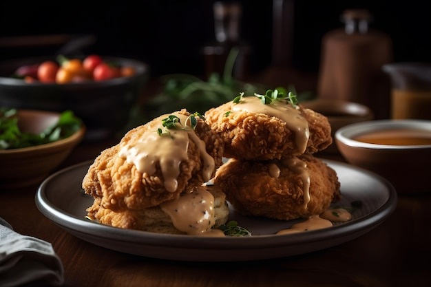 Ein Teller mit gebratenem Hühnchen mit einer Beilage Sauce