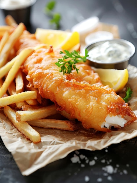 Ein Teller mit gebratenen Fischen und goldenen Pommes serviert mit Ketchup auf einem weißen Teller