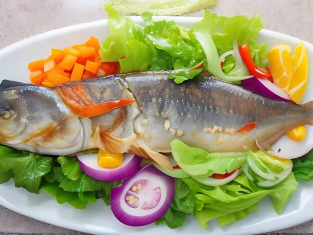 Ein Teller mit gebratenen Fischen und Tomatensalat