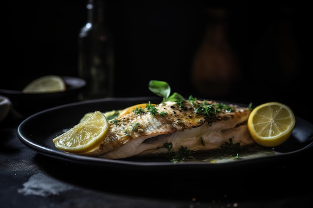 Ein Teller mit gegrilltem Fisch mit Zitrone Generative AI