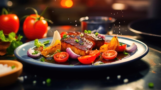 Ein Teller mit gegrilltem Fleisch und Gemüse mit einer Vintage-Bearbeitung