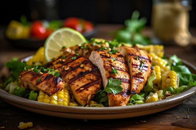 Ein Teller mit gegrilltem Hühnchen mit geräuchertem Maissalat