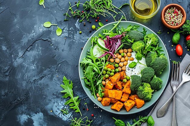 Ein Teller mit gemischtem Salat mit Brokkoli, Süßkartoffeln und Kichererbsen