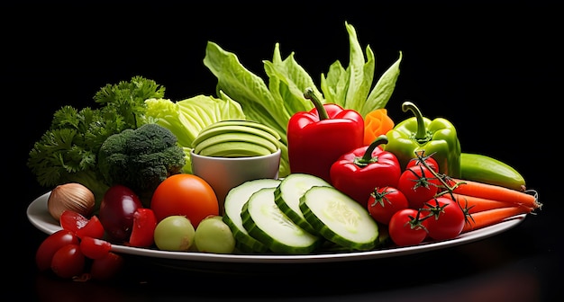 ein Teller mit Gemüse, darunter Brokkoli, Sellerie, Gurke und Tomaten