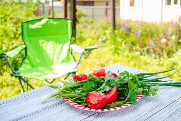 Ein Teller mit Gemüse und Kräutern auf einem Tisch in einem Garten in der Natur