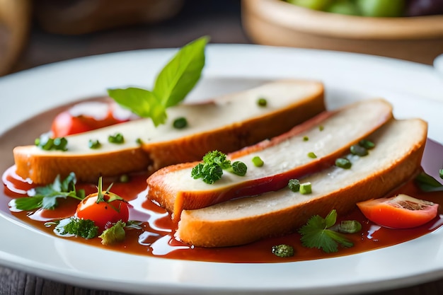 ein Teller mit geschnittenem Brot und einer Tomatenscheibe