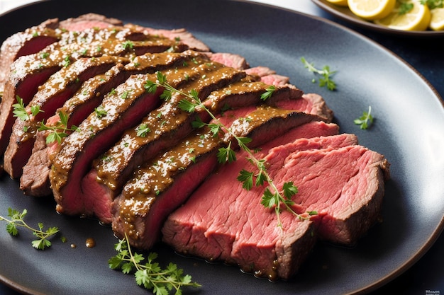 Ein Teller mit geschnittenem Rindfleisch mit einem Zitronenzweig als Beilage.