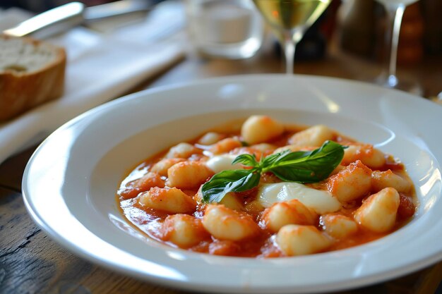 Ein Teller mit Gnocchi alla sorrentina, einem klassischen campanischen Gericht aus Kartoffeln, Knödeln, Tomatensauce und Mozzarella-Käse