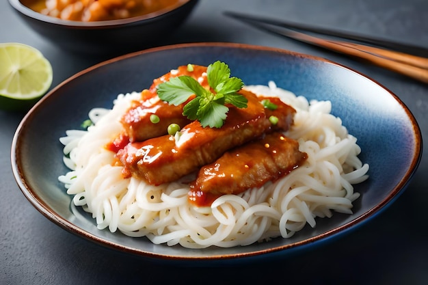 ein Teller mit Hühnchen und Nudeln darauf