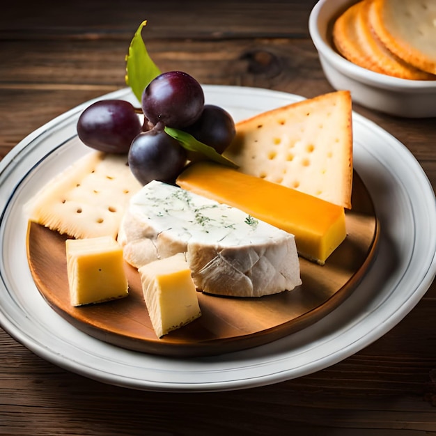 Ein Teller mit Käse und Weintrauben mit einem blauen Streifen an der Seite.