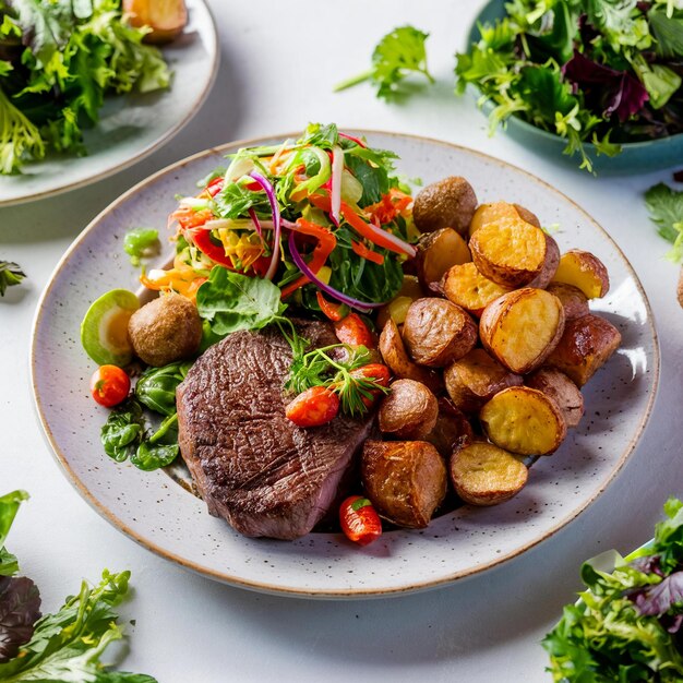 ein Teller mit Kartoffeln, Fleisch und Gemüse