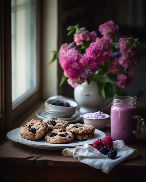 Ein Teller mit Keksen, im Hintergrund ein Glas Milch und ein Glas Blumen.