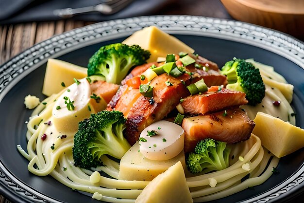 Ein Teller mit Lachs, Brokkoli und Nudeln