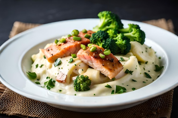 Ein Teller mit Lachs und Brokkoli mit einer Beilage Brokkoli.