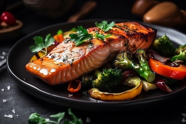 Ein Teller mit Lachs und Gemüse auf dunklem Hintergrund