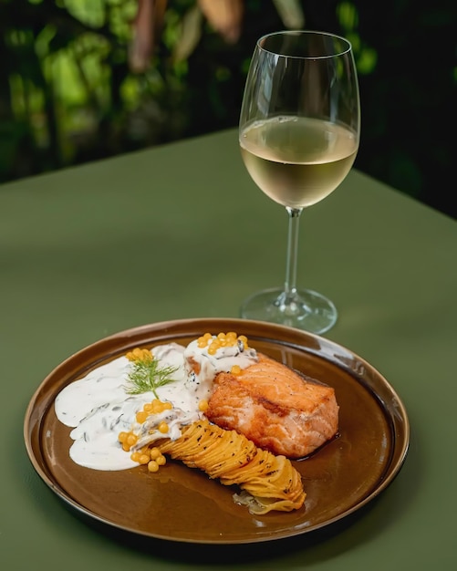 Ein Teller mit Lachs und Mais, daneben ein Glas Weißwein.