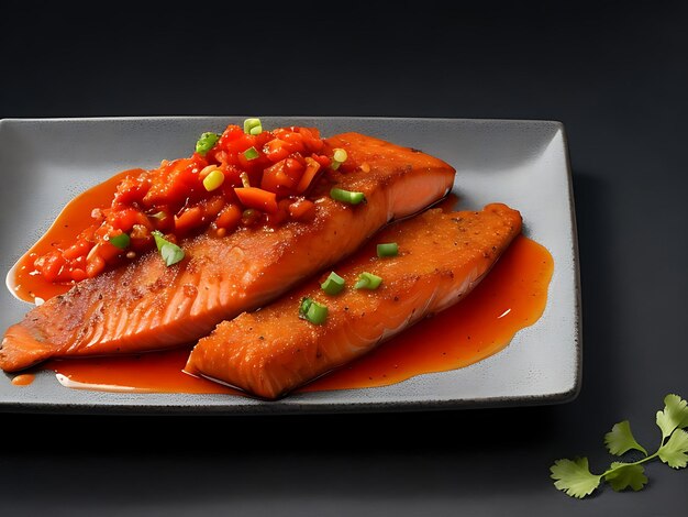 Foto ein teller mit lachsfischen mit chili-sauce auf schwarzem hintergrund