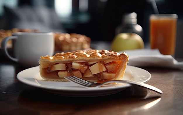 Ein Teller mit leckerem Apfelkuchen auf einem Café-Hintergrund professionelles Lebensmittelfoto ai generiert