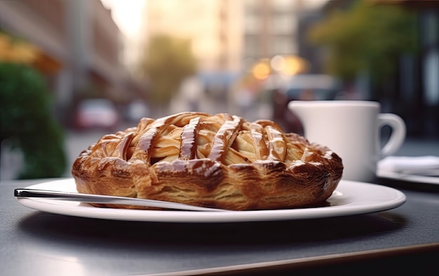 Foto ein teller mit leckerem apfelkuchen auf einem café-hintergrund professionelles lebensmittelfoto ai generiert
