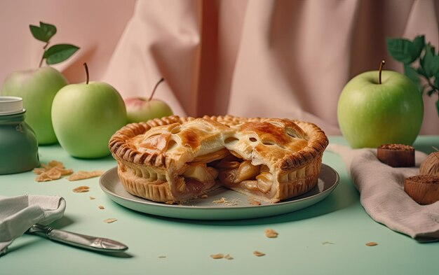 Ein Teller mit leckerem Apfelkuchen auf einem pastellfarbenen Hintergrund