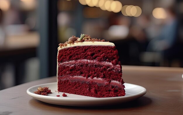 Foto ein teller mit leckerem roten samtkuchen auf einem café-hintergrund professionelle werbung ai generiert