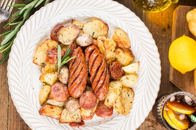 Ein Teller mit leckeren Kartoffeln und gebackener Wurst