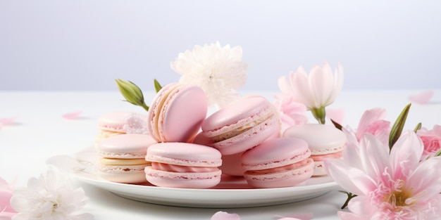 Ein Teller mit Macarons und Blumen auf einem Tisch. Digitales Bild, Hochzeitsdekoration