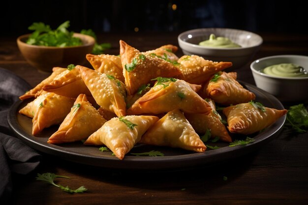 Foto ein teller mit mini-samosas, die als fingernahrung serviert werden